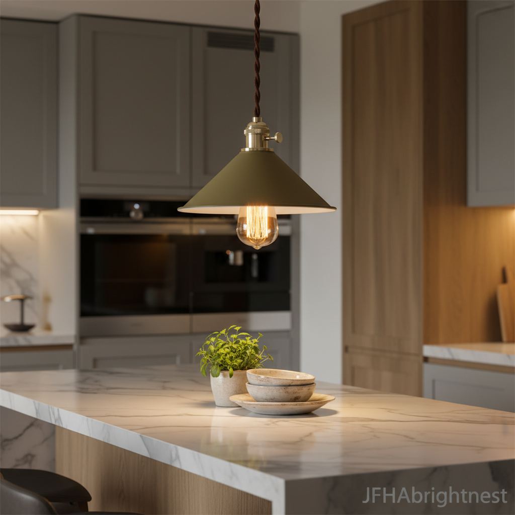 Khaki cone pendant light hanging above a kitchen worktop