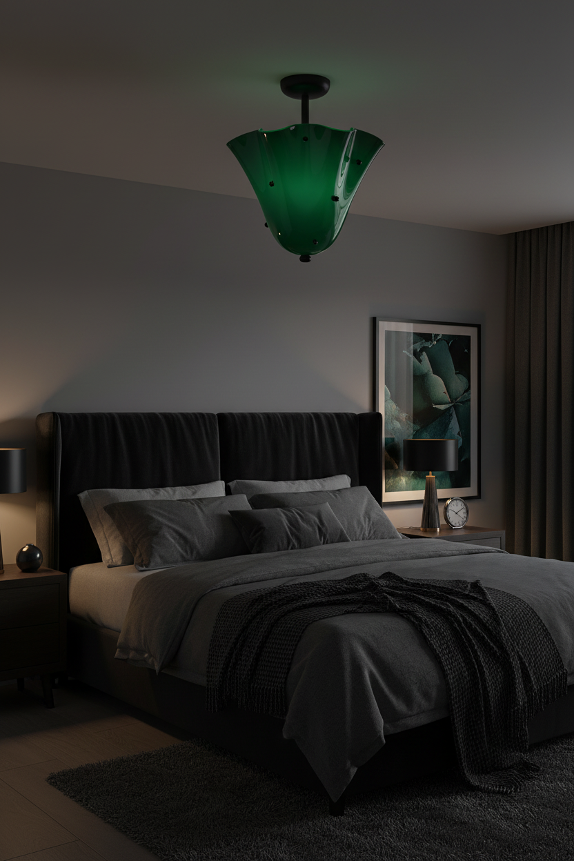 Eldis ceiling light in Black and Green in a moody bedroom