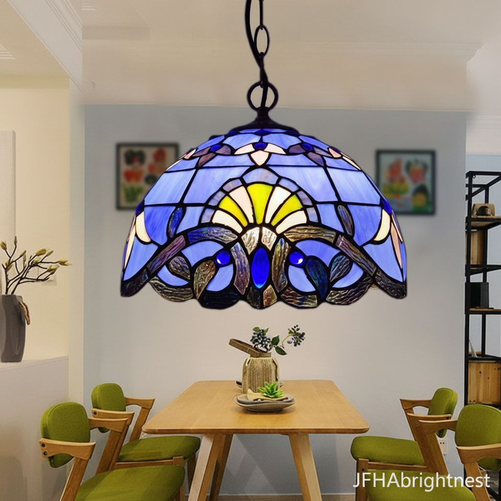Blue and purple Tiffany stained glass dome pendant light – dining table lifestyle photo