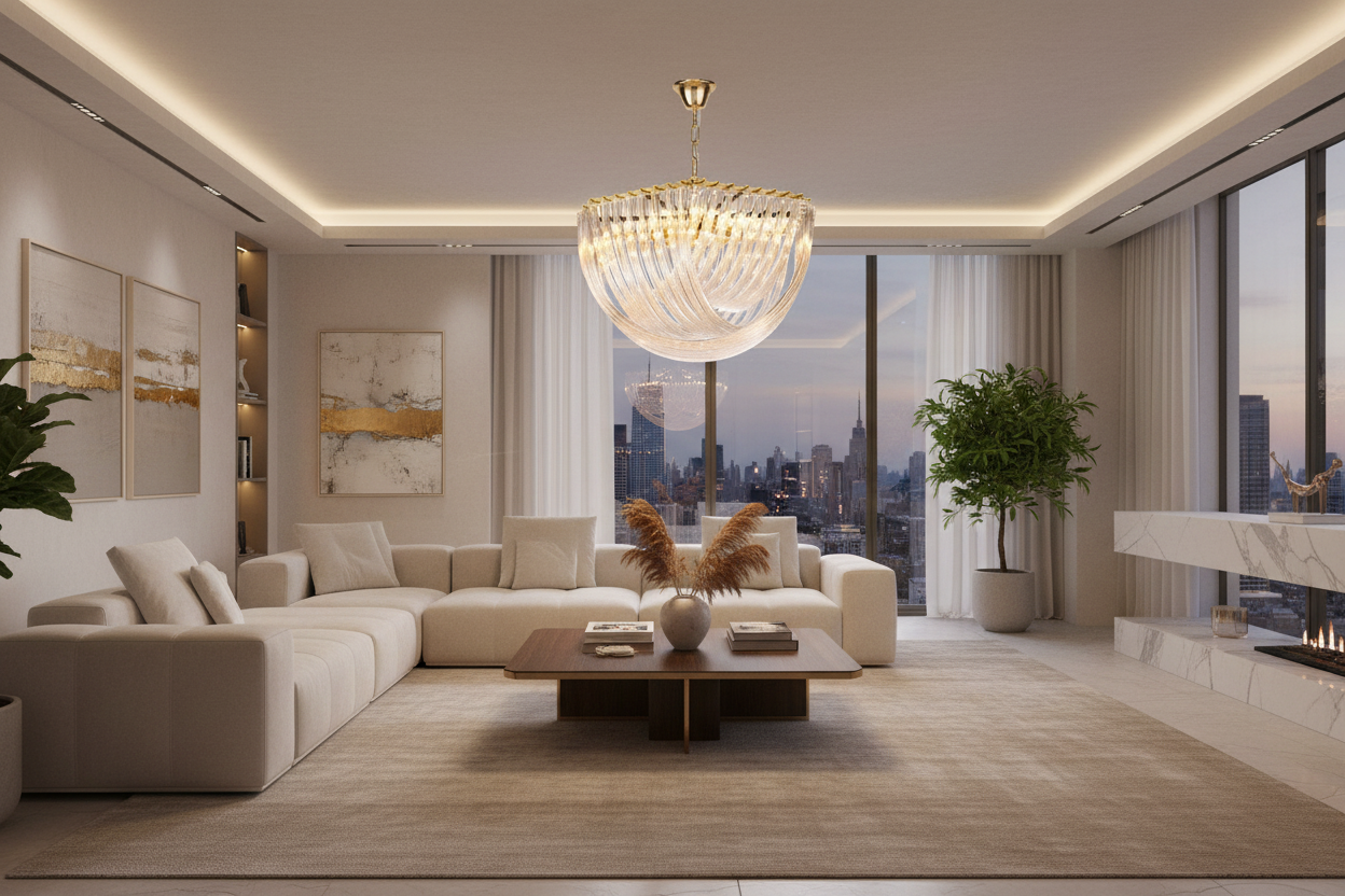 Solene chandelier in a modern luxury living room, wide angle