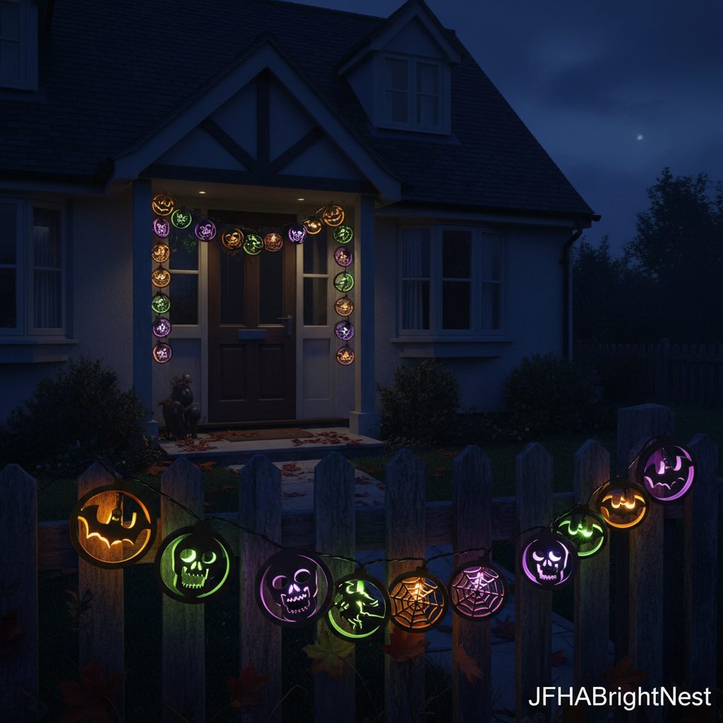 Witch Halloween LED string lights outdoors on a UK house front door and garden fence, colour-changing glow – JFHABrightNest