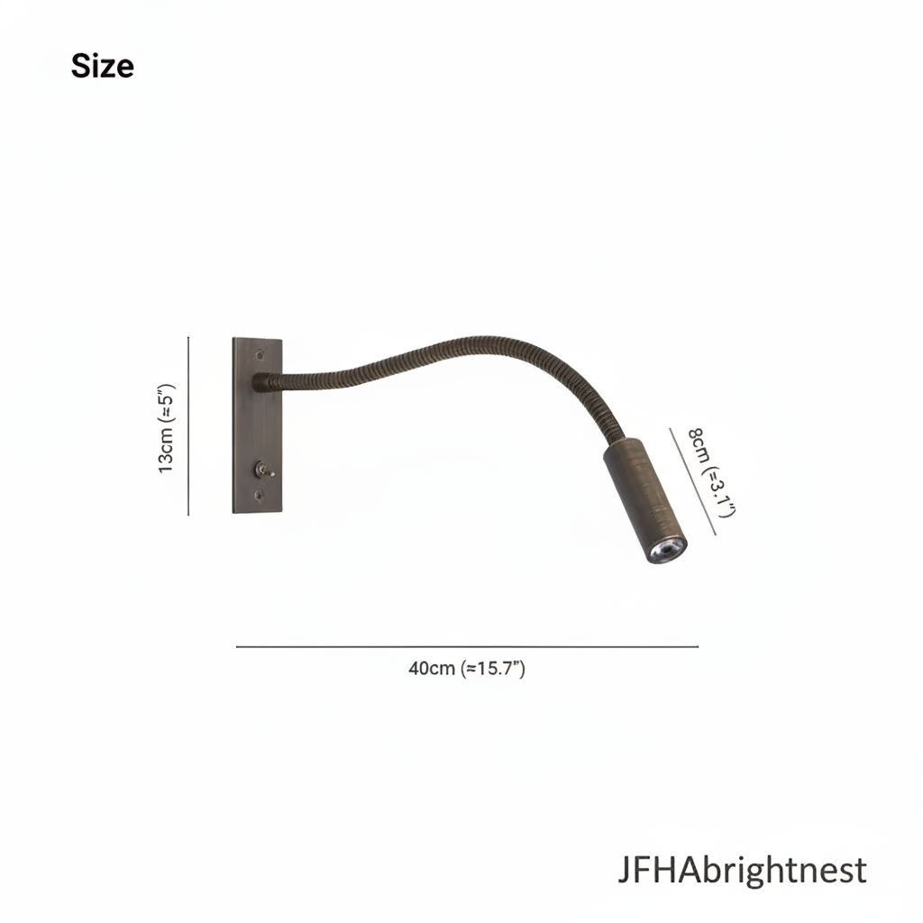 Halden reading wall light dimensions: 40cm reach, 13cm backplate, 8cm head