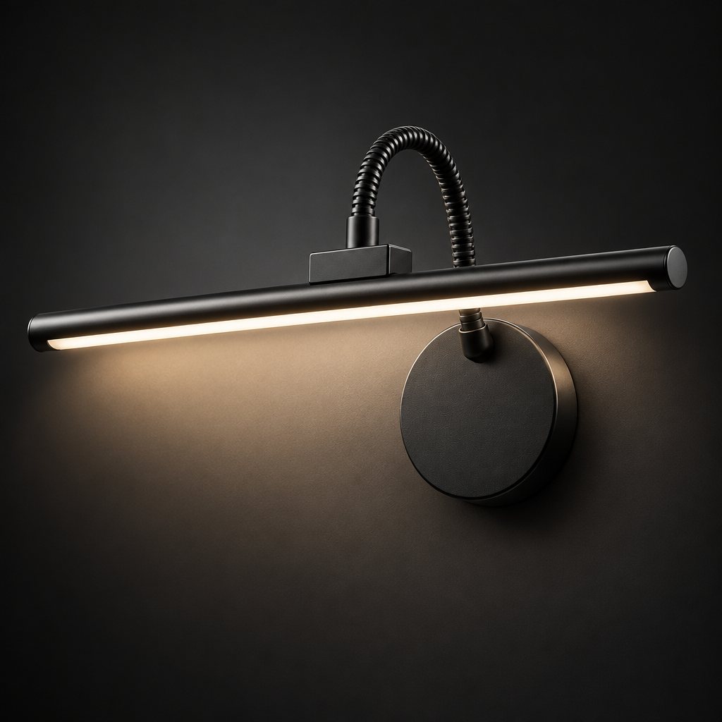 Black LED picture light switched on with warm glow against a dark wall
