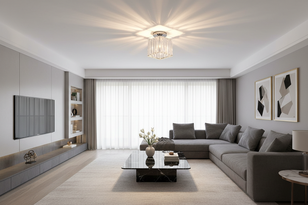 Square black acrylic flush mount ceiling light in a modern living room
