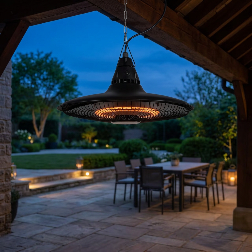 Hanging patio heater warming an outdoor dining area at night