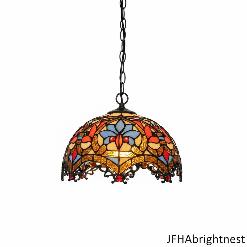 Red and blue Tiffany stained glass dome pendant light – clean white background product photo