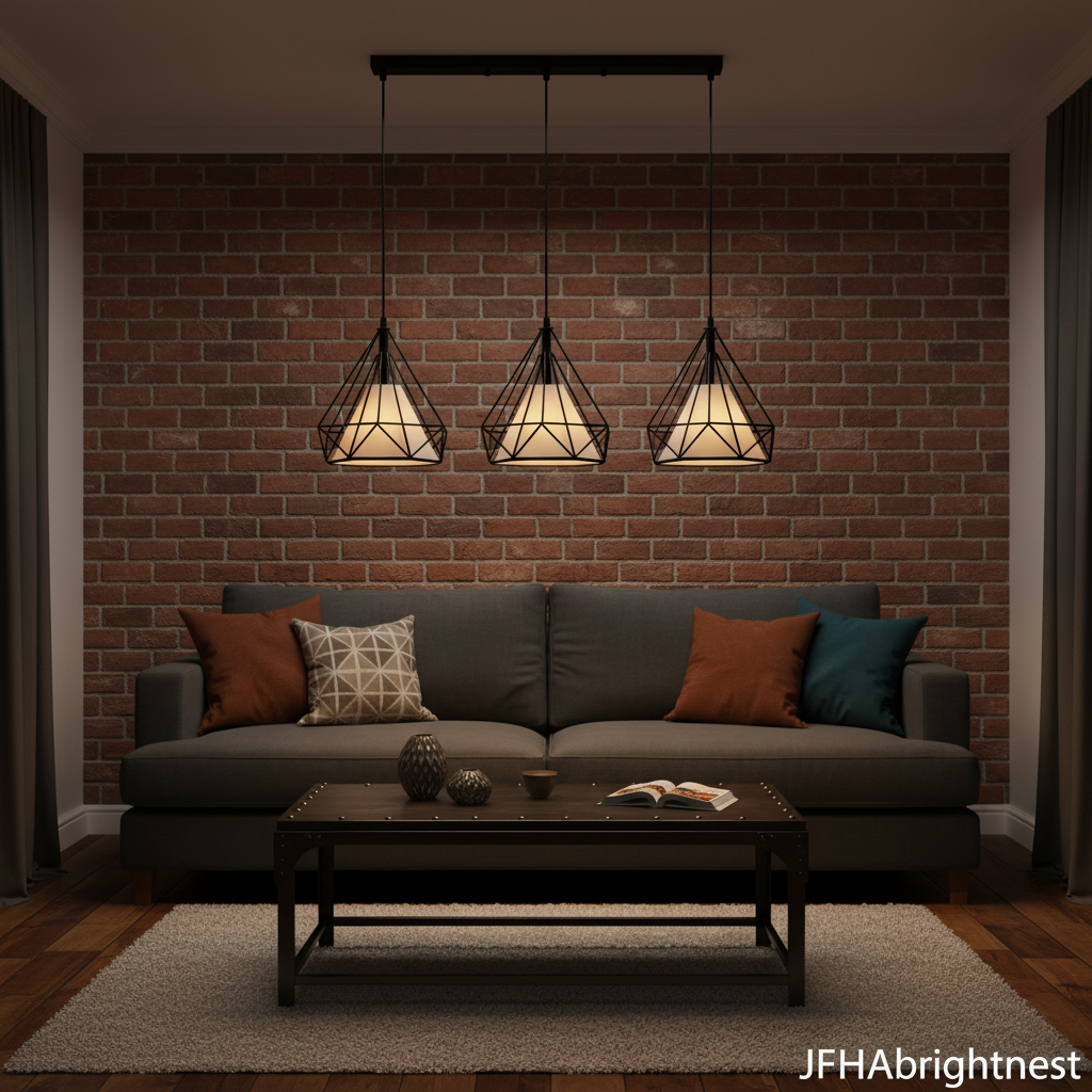 3-light black diamond cage pendant linear canopy in modern living room