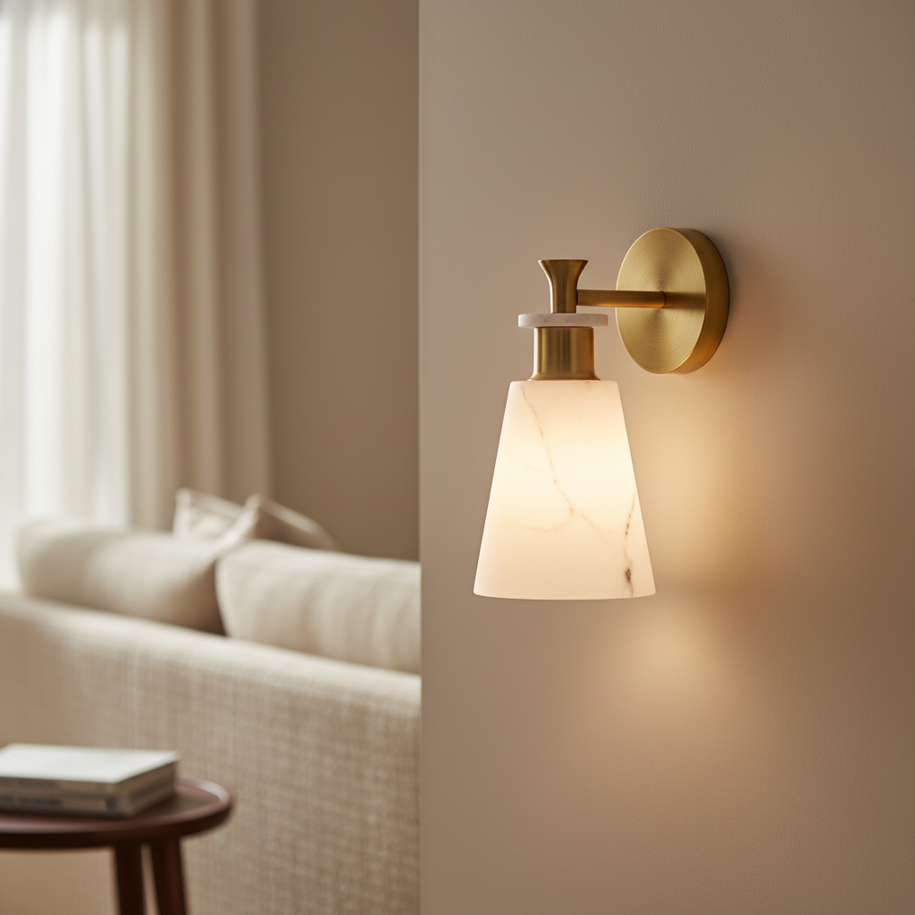 Marble wall lamp in a warm metal finish lighting a living room wall above a sofa