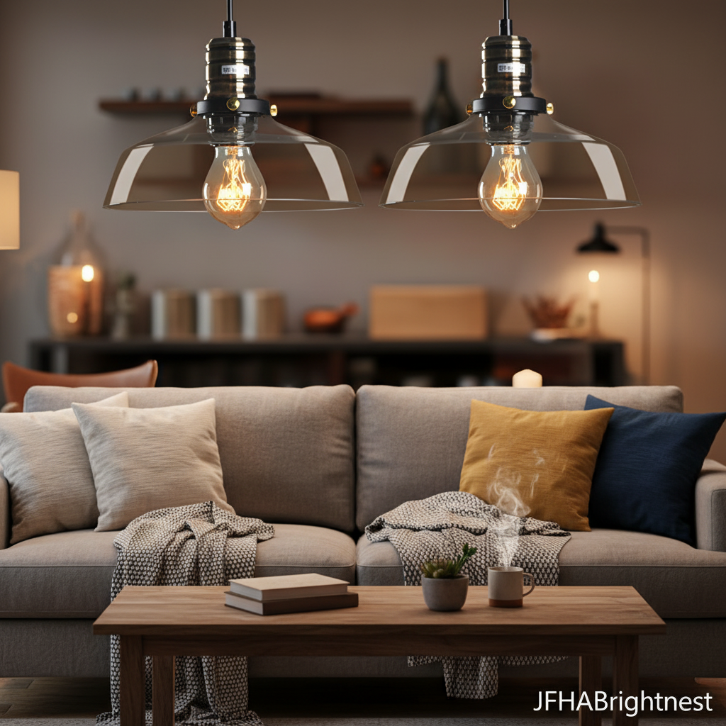 Two Ember amber glass barn pendant lights lit above a dark wood sideboard