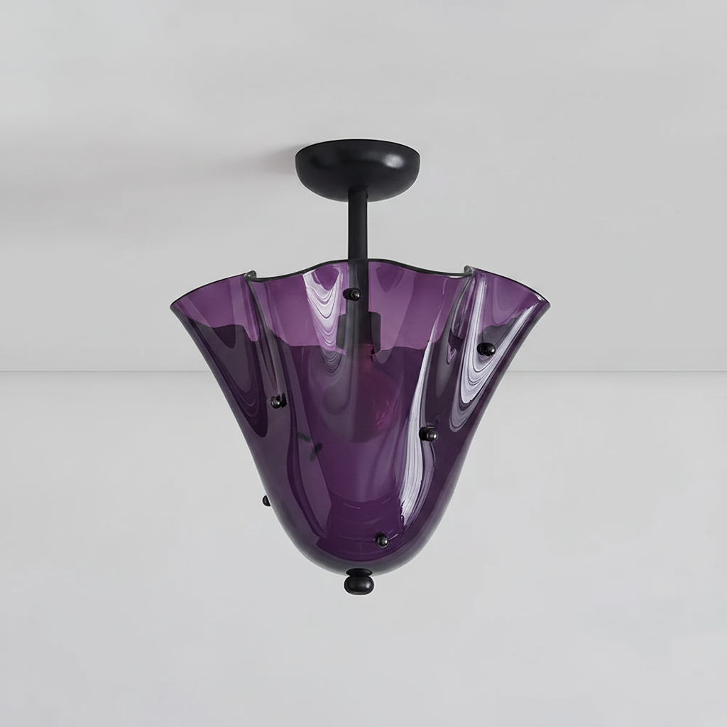 Eldis art glass semi flush ceiling light in Black and Purple