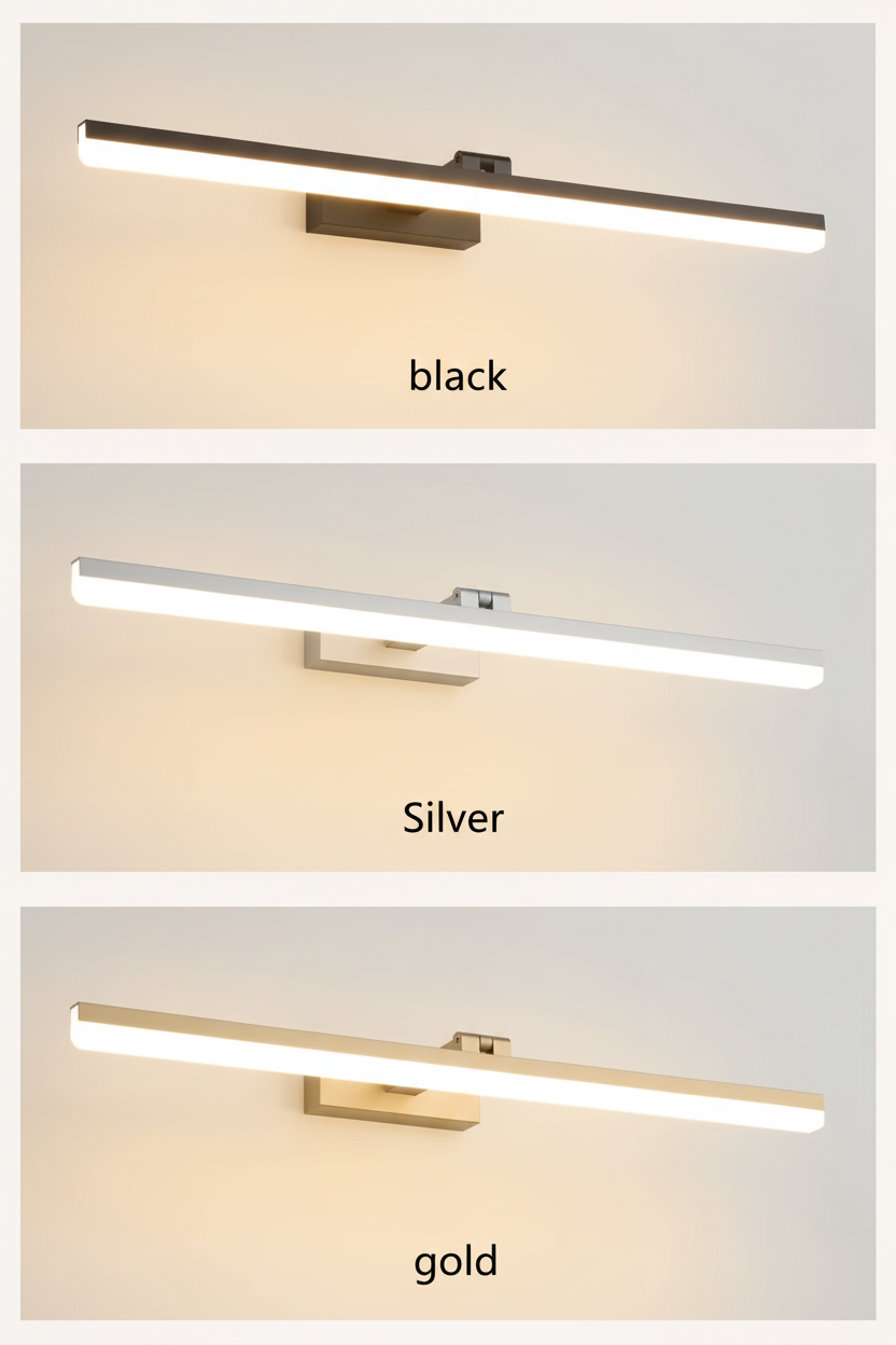 LED mirror wall light shown in black, silver and gold side by side