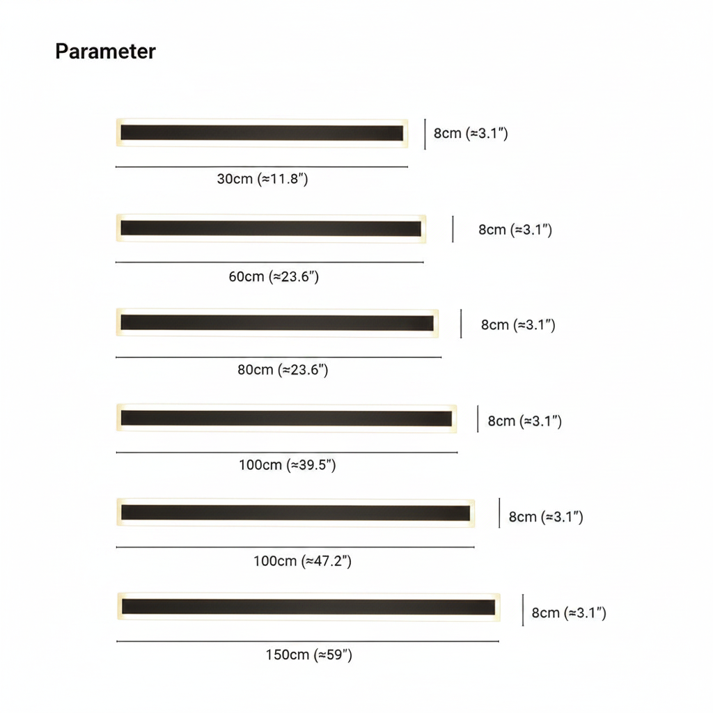 Vynn wall light size chart, 30cm to 150cm lengths