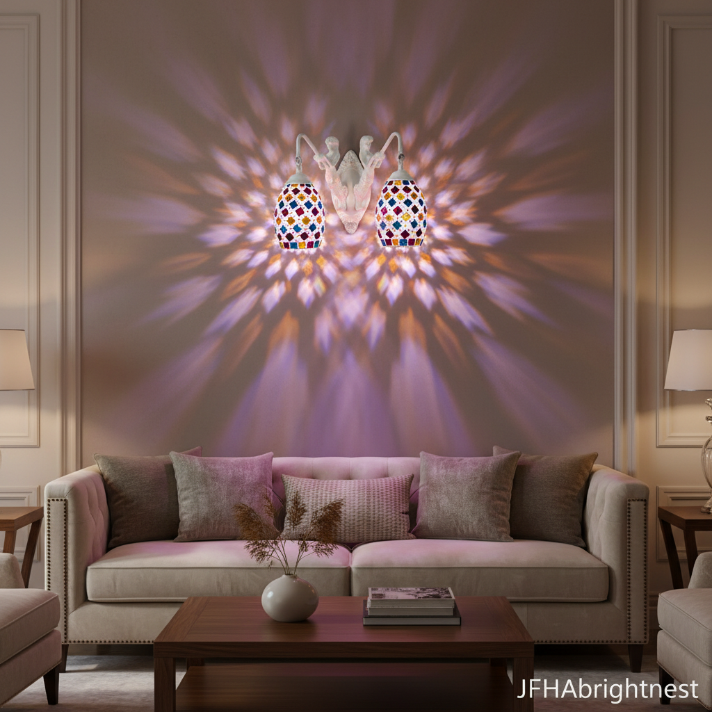 Purple Tiffany stained glass wall sconce in a living room setting