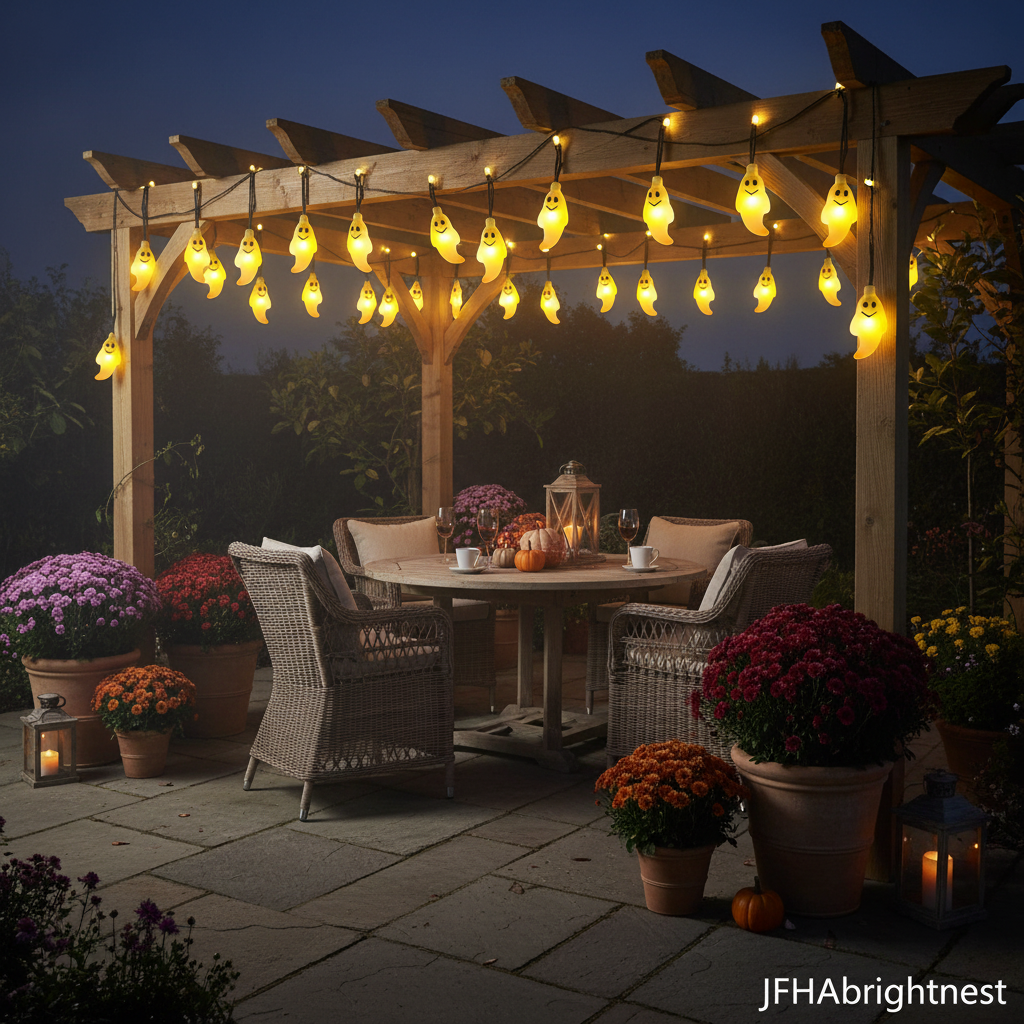 Wisp Halloween ghost solar fairy lights warm white variant strung along British garden pergola at Halloween with JFHAbrightnest branding