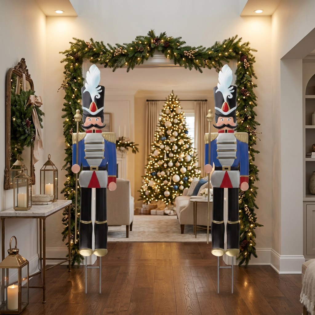 Blue 6ft nutcracker decorations framing a doorway with a Christmas tree behind