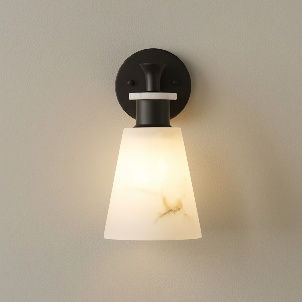 Spain Marble Wall Lamp in black, lit, on a beige wall - natural marble shade