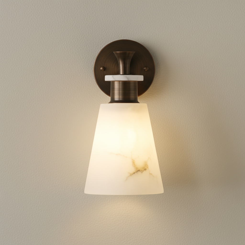 Spain Marble Wall Lamp in bronze, lit, on a beige wall - natural marble shade