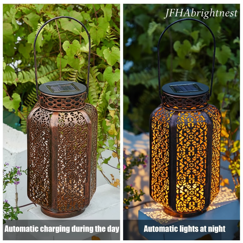 The same solar lantern shown side by side, charging in daylight and glowing warm white at night
