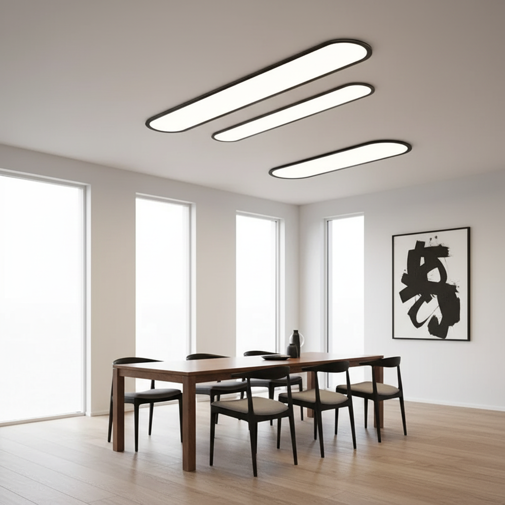 Rilo Oval Ceiling Light in black finish above dining table with three colour light modes