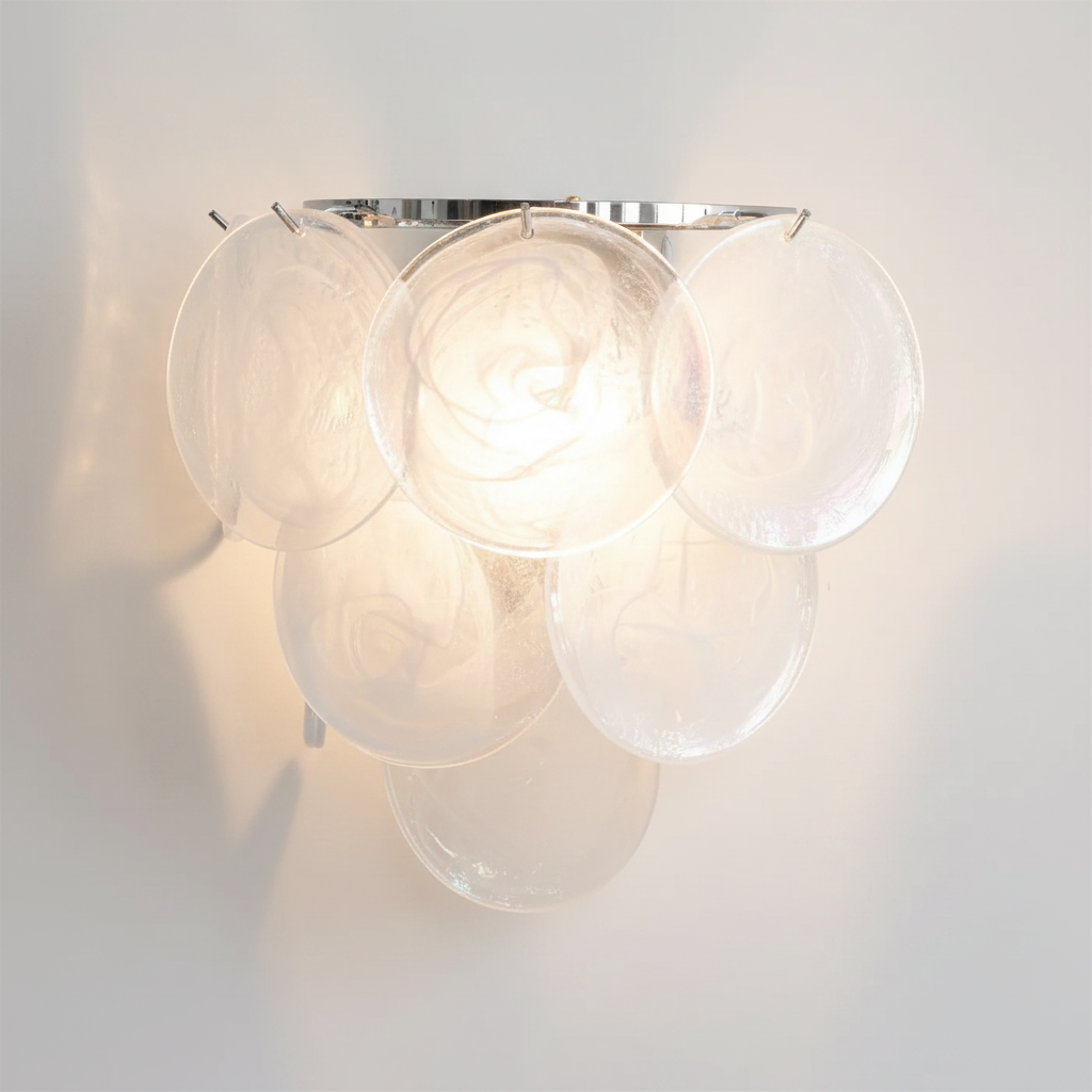Ephira art glass wall lamp in Clear glass with a polished chrome body