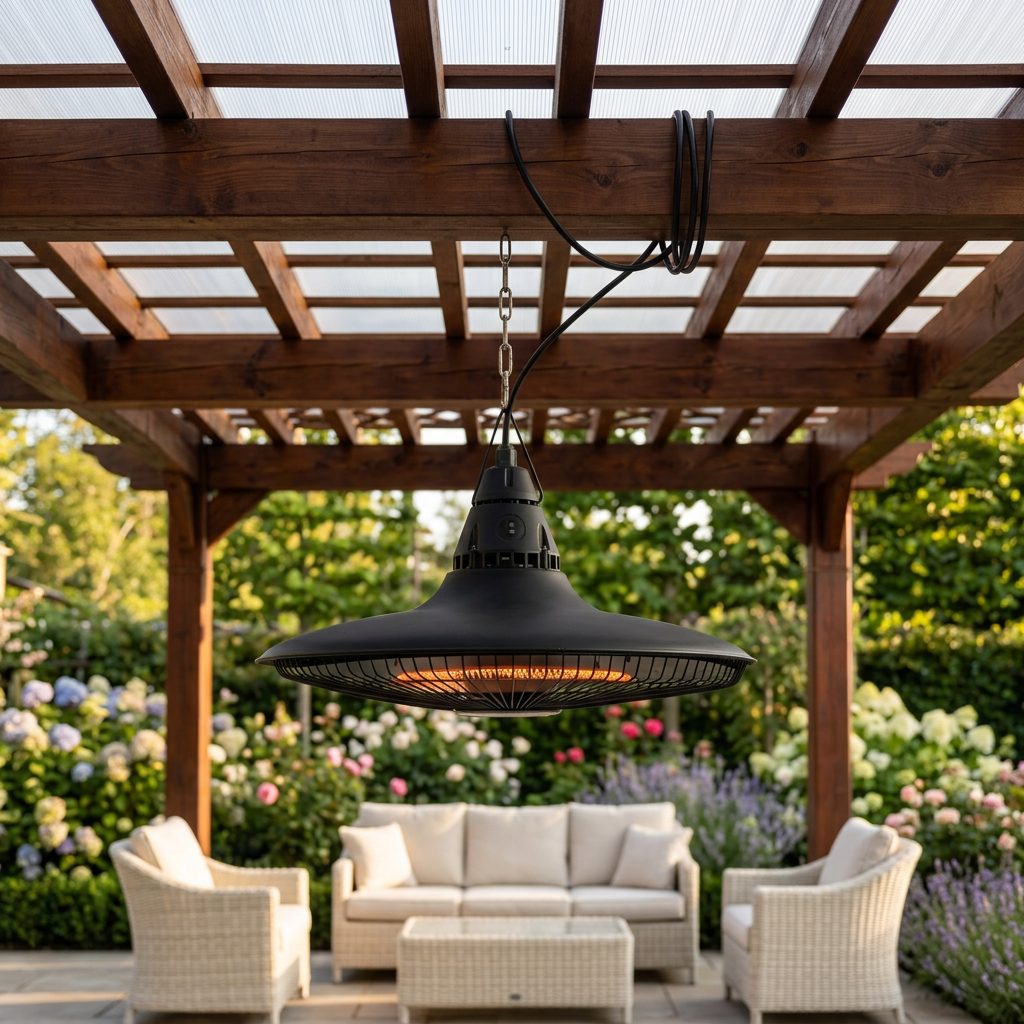 Infrared patio heater hanging from a wooden pergola above garden seating