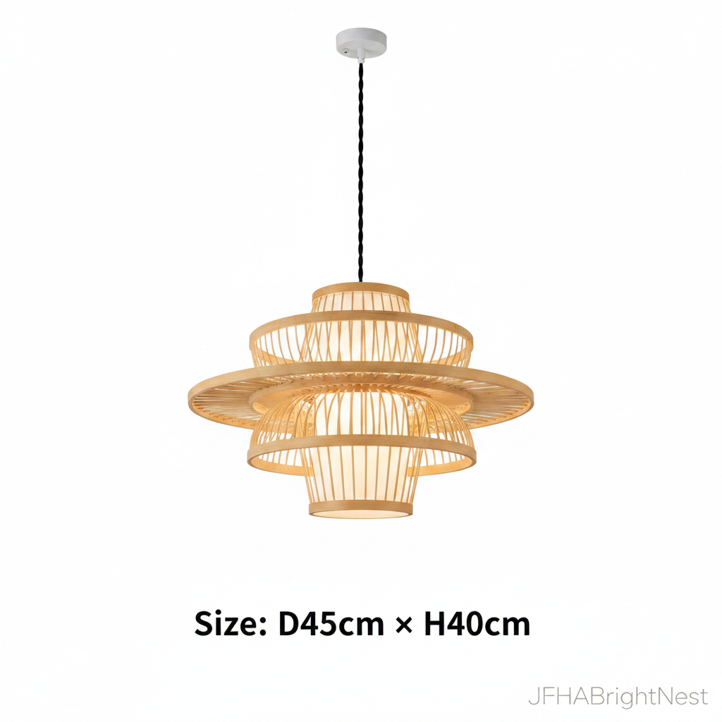 Handmade bamboo rattan art chandelier Size D45cm x H40cm multi-tiered disc ring structure on white background