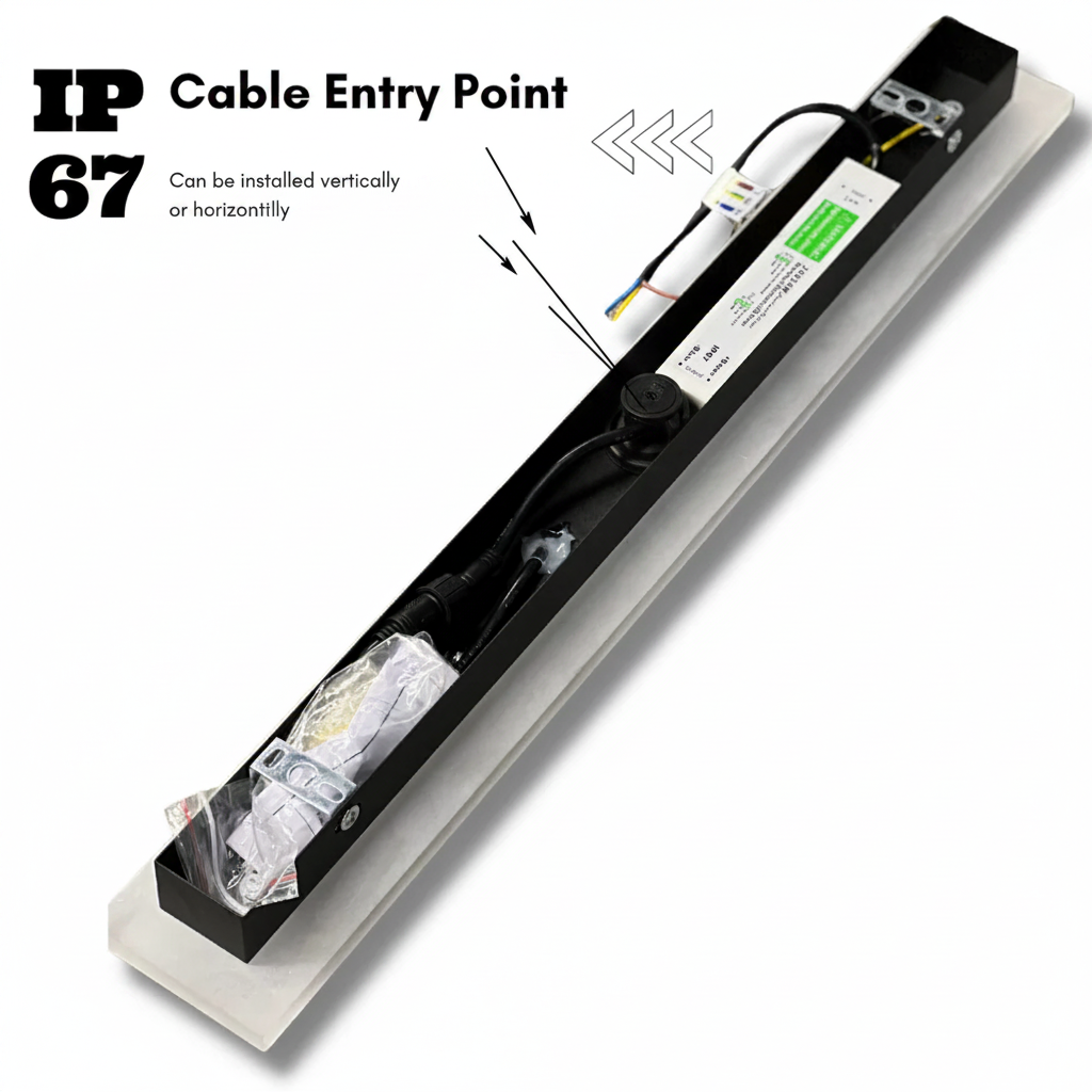 Vynn linear wall light: sealed cable entry point, shown on grey background