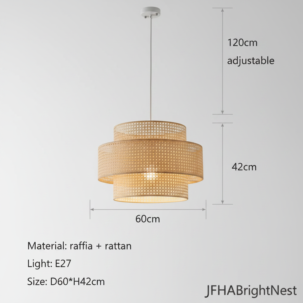 Dimension diagram of the woven rattan pendant light, 60cm diameter and 42cm high, with a 120cm adjustable cord