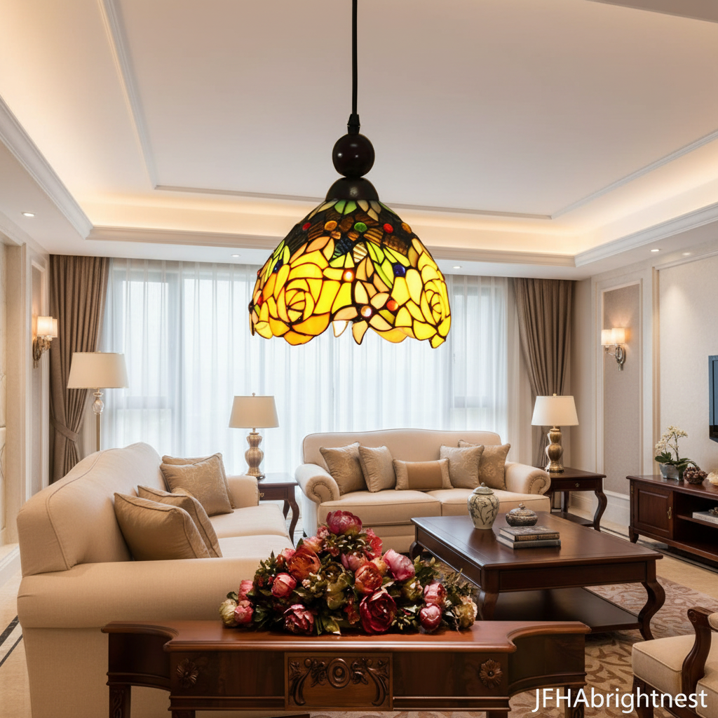Sakura Glow Tiffany Pendant Lamp in Yellow – lifestyle photo in living room