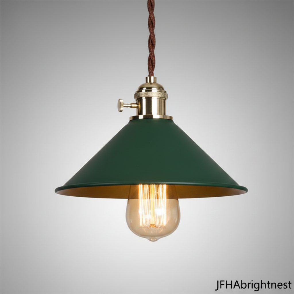 Green industrial cone pendant light with adjustable rope drop - JFHA BrightNest