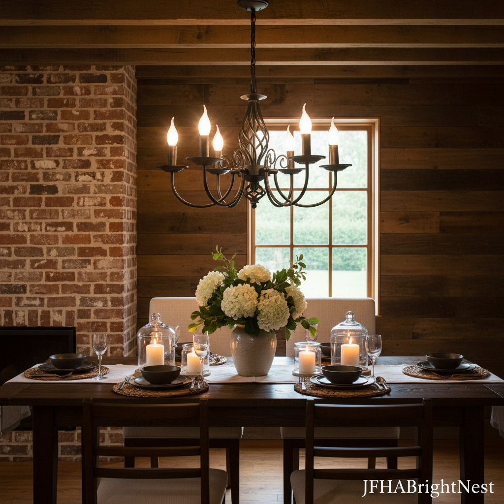 Lumière Noir French Country Chandelier styled in an elegant farmhouse dining room