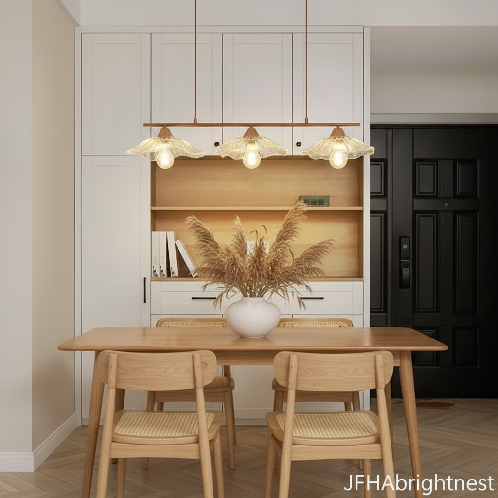 3-light flower pendant above long dining table in Japandi interior
