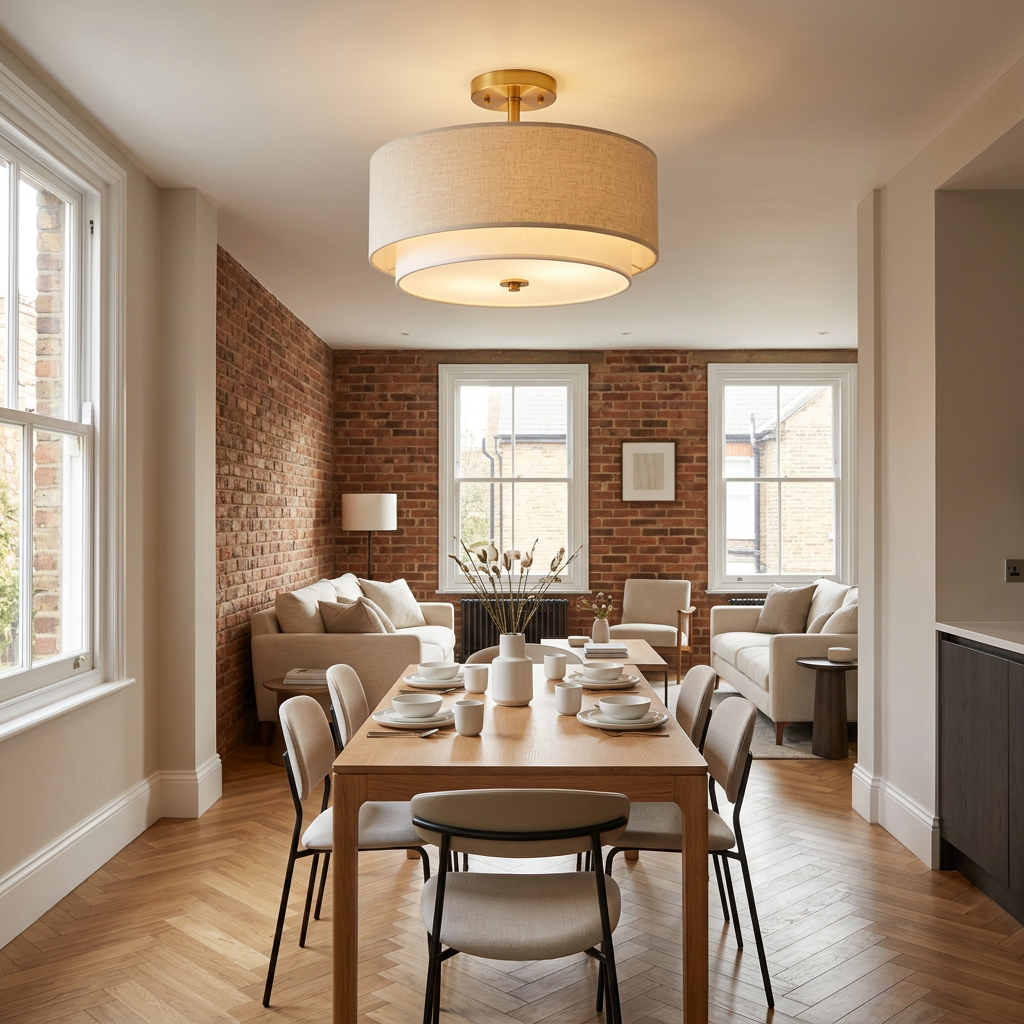 Gold flax fabric ceiling lamp in a British living and dining room with exposed brick and herringbone flooring