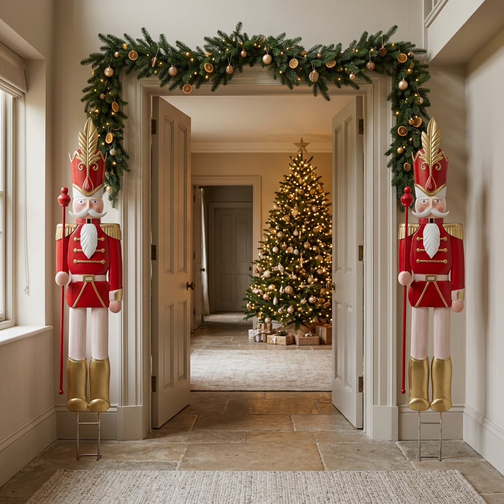 Red 6ft nutcracker decorations framing a hallway doorway with a Christmas tree