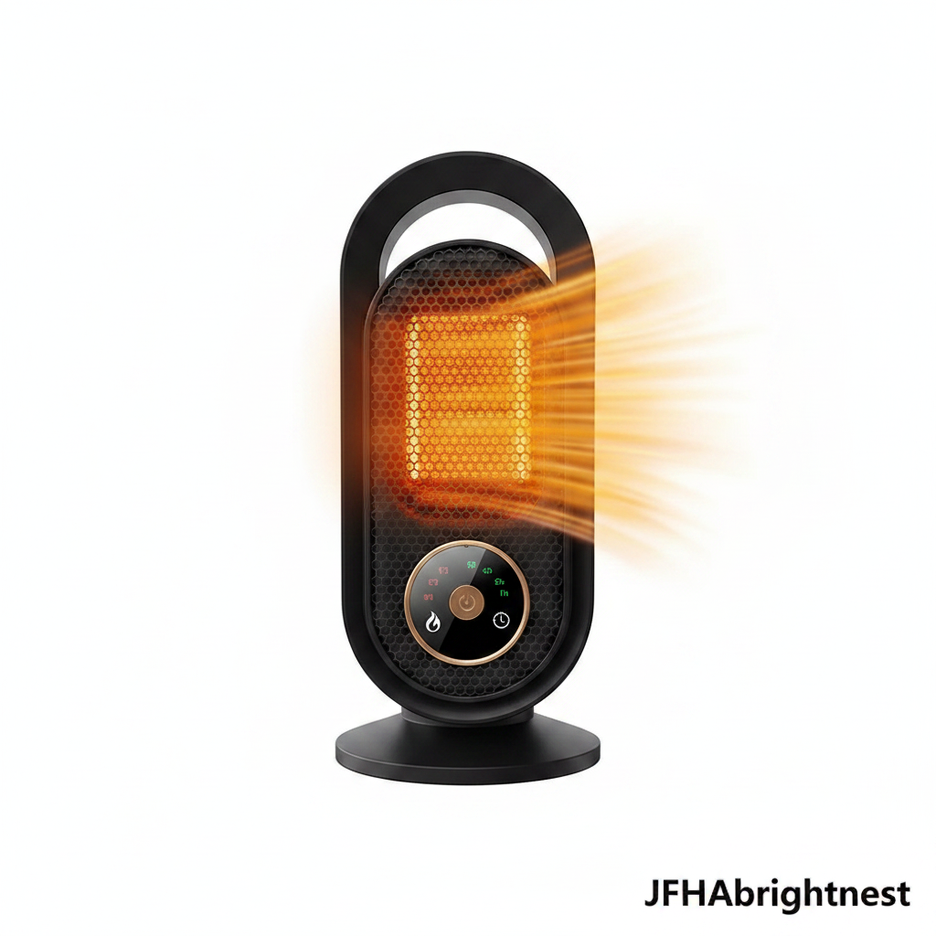 Black PTC ceramic desktop heater on white background – JFHAbrightnest branding