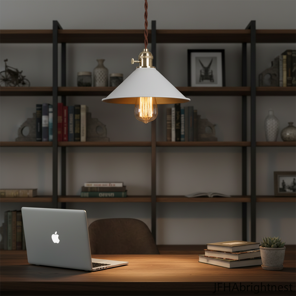 White cone pendant light above a home office desk