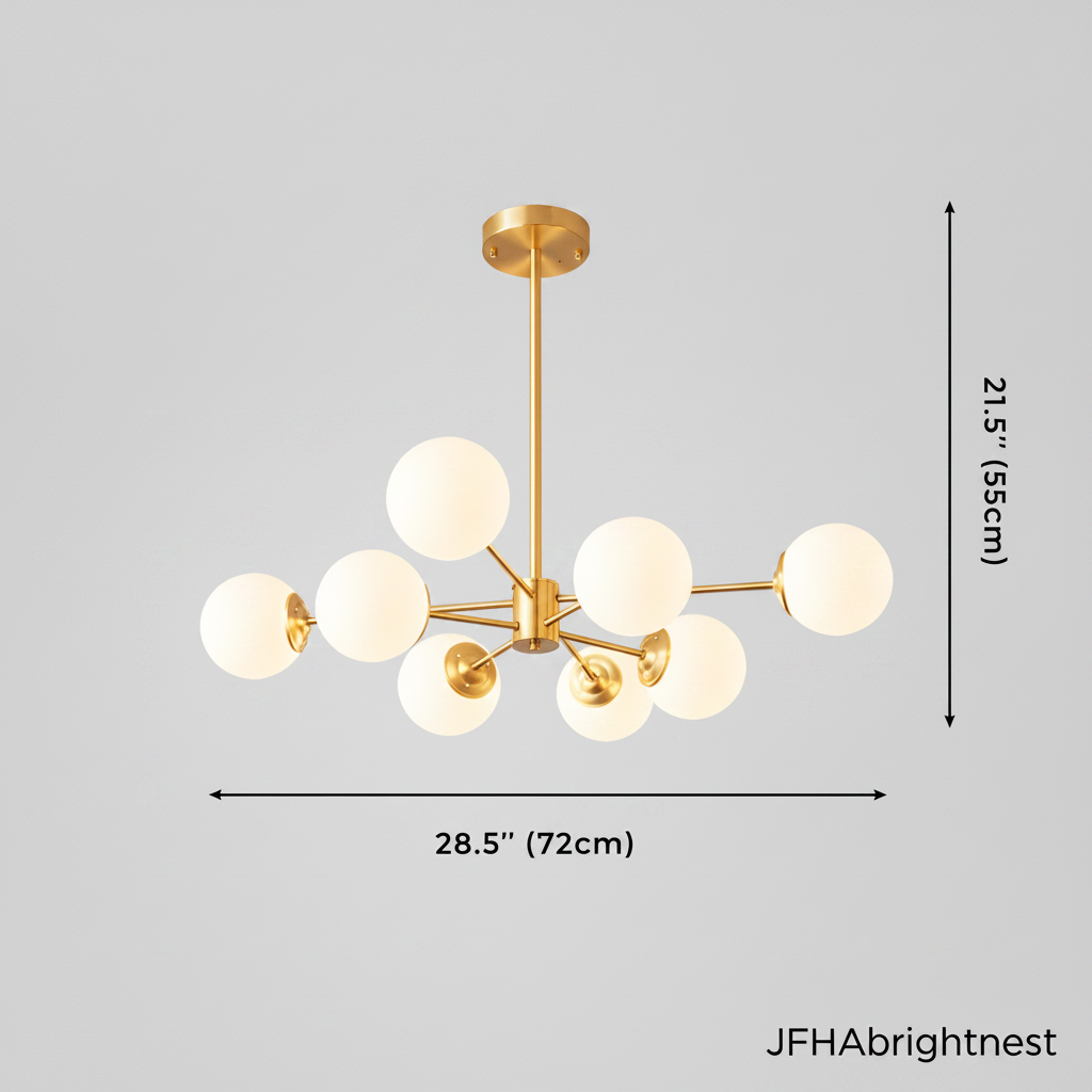 Astra Sputnik Chandelier white background with dimensions - W: 28.5" (72cm) H: 21.5" (55cm)