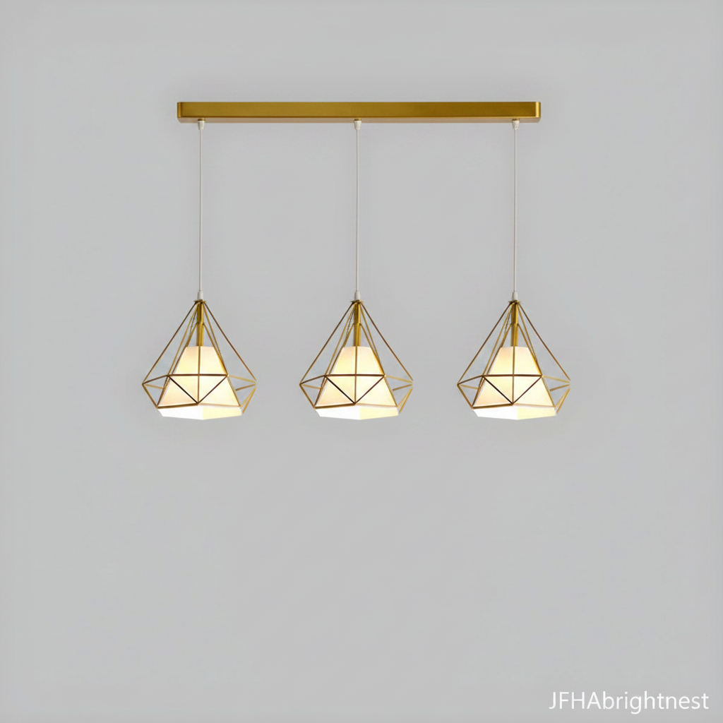 3-light gold diamond cage pendant with linear canopy bar on grey background