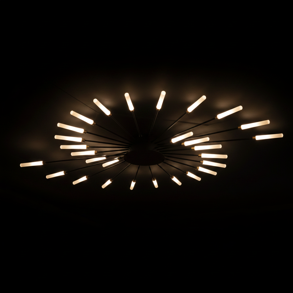 Close-up detail of Wesley Fireworks black ceiling light showing spiral arms and glowing LED tips