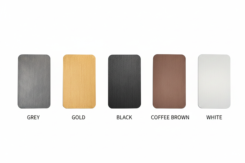 All five Ingram finishes: gold, black, coffee brown, white and grey