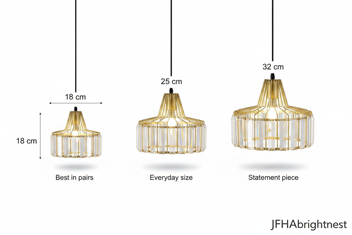 Crystal Pendant Light size comparison diagram - 18cm, 25cm, 32cm