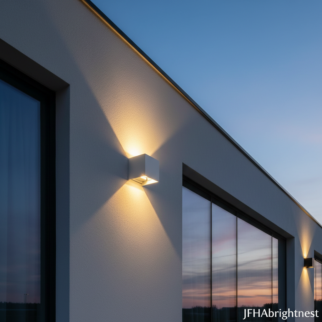 White Norvik outdoor wall light on an exterior wall, wide view