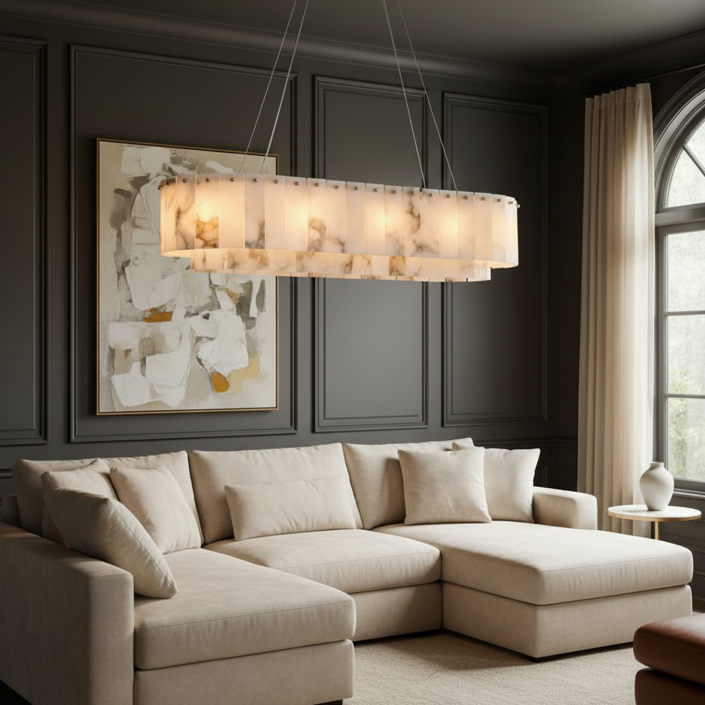 Oval alabaster marble and brass chandelier in a luxury living room