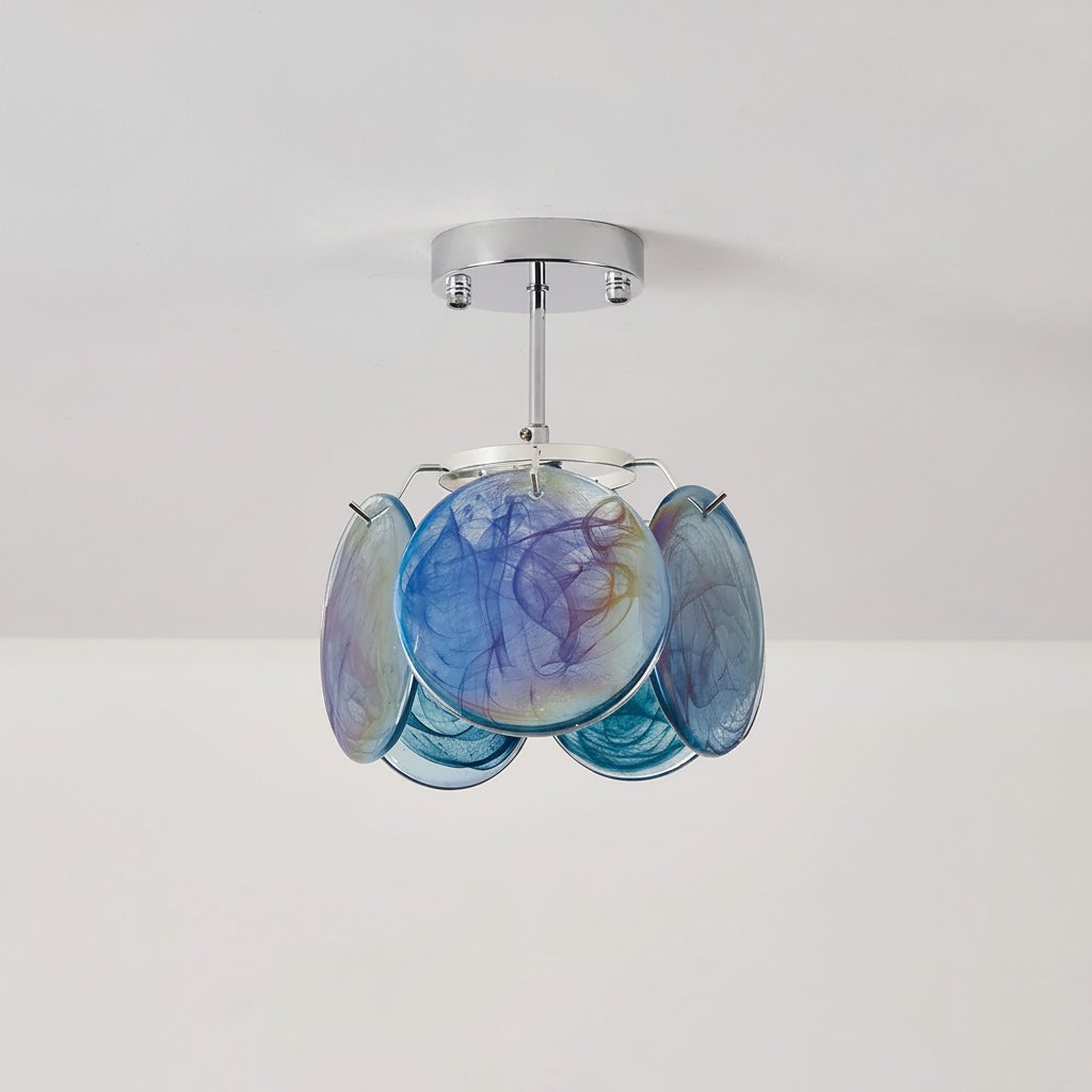 Feyon glass flush mount ceiling light with iridescent shade and polished chrome frame
