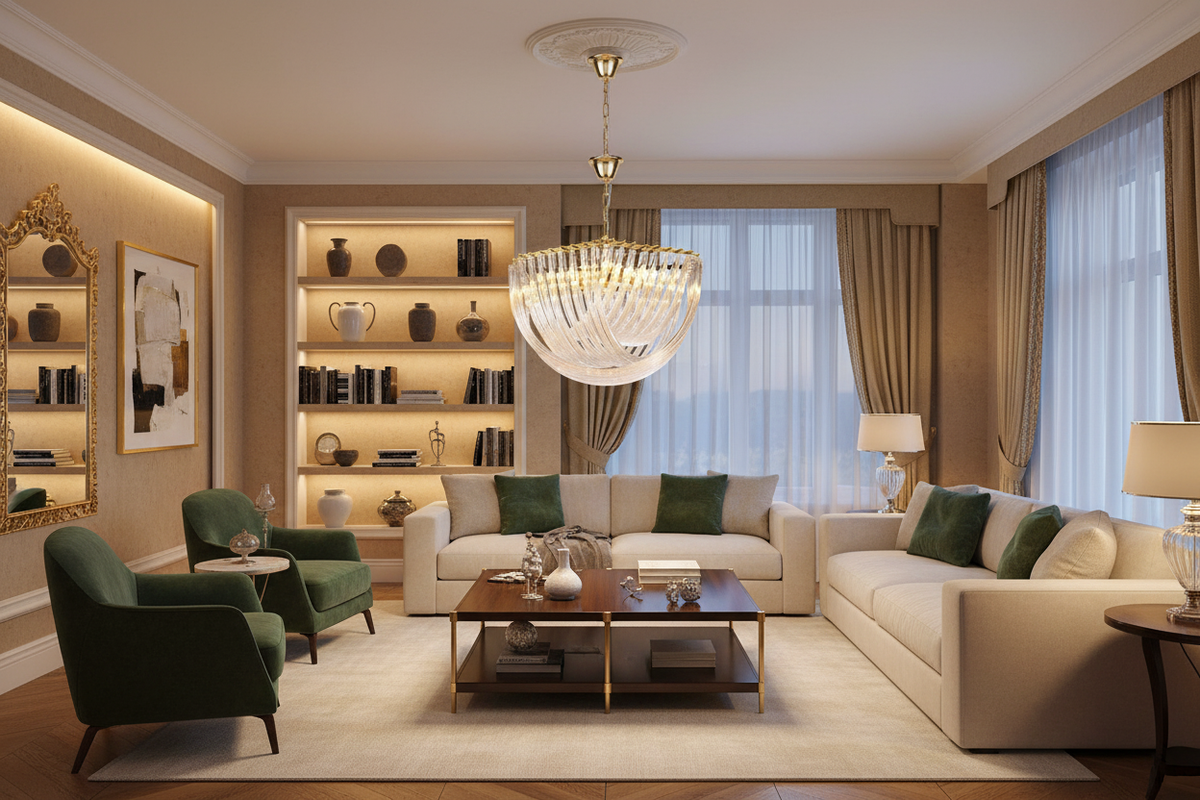 Solene chandelier, 65cm diameter, in an elegant living room