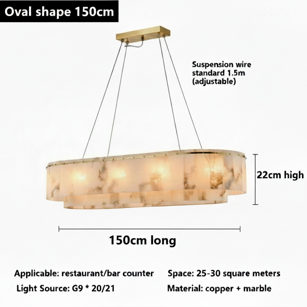 Oval alabaster marble chandelier, 150cm long and 22cm high, G9 x20, brass and marble