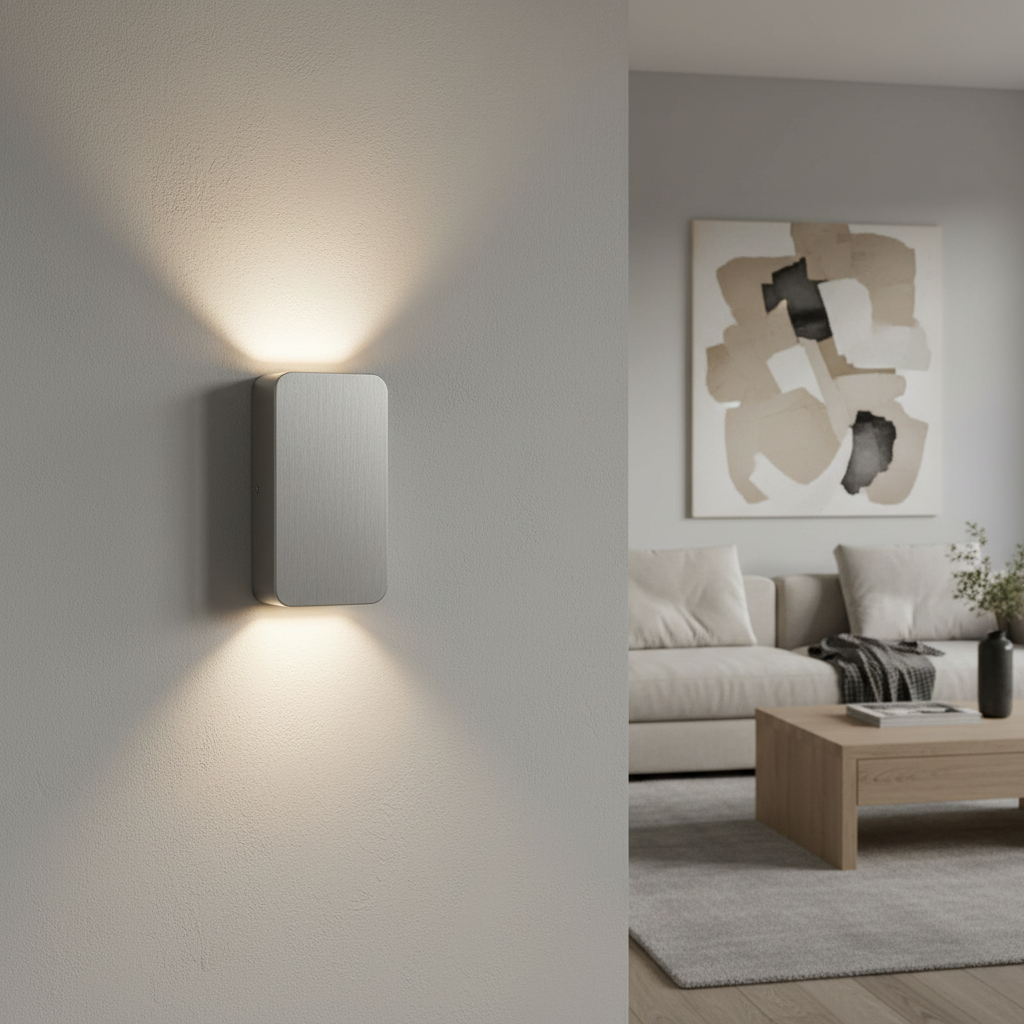 Ingram up-down wall light in grey, lit on an interior wall