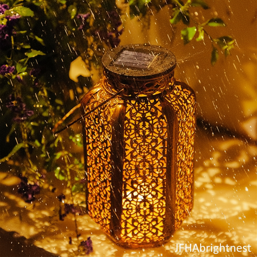 Solar lantern lit in the rain in a garden border, showing it staying on in wet weather