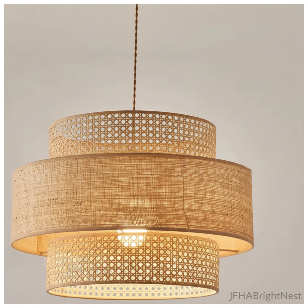 Close-up of the three-tier woven rattan pendant light showing the open cane weave and the raffia band