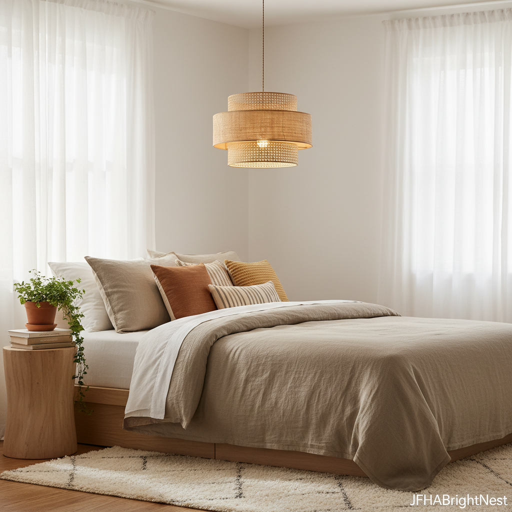 Woven rattan pendant light in a boho bedroom with soft morning light